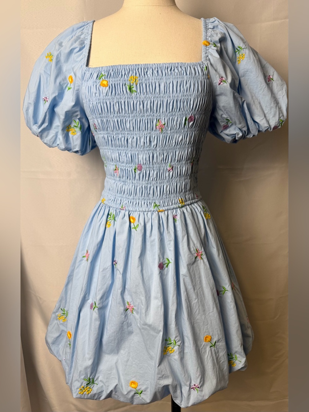 Floral Embroidered Light Blue Dress with Balloon Sleeves and Balloon Style Skirt